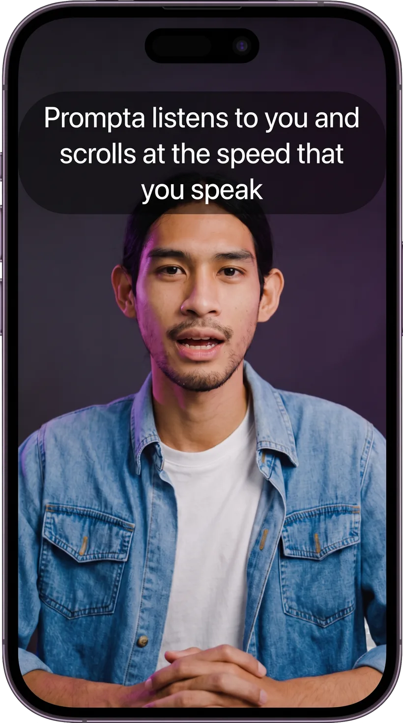 Teleprompta scrolling a script over the front camera while someone records